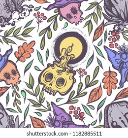 Vector illustration, Halloween, grave, skull with candles, witch hat, mysticism. Handmade, prints, background white,seamless pattern