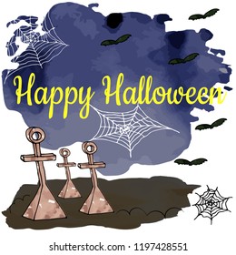 Vector illustration of halloween graveyard, cobweb, bats, raw earth night