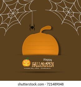 Vector illustration of Halloween greeting poster with pumpkin, spider, net on the brown background.