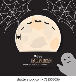 Vector illustration of Halloween greeting poster with moon, spider, net, flock of bats, ghost on the dark background.