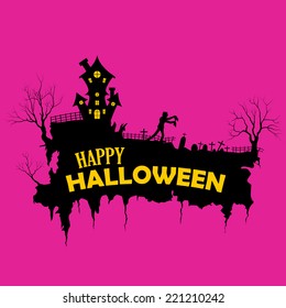 vector illustration of Halloween greetings with haunted house and monster