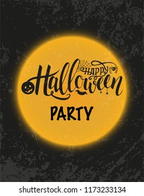 Vector illustration for halloween. Happy Halloween Text Banner. Poster for Halloween on yellow background. Autumn poster with pumpkin, web, bat, spider.
