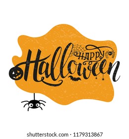 Vector illustration for Halloween. Happy Halloween Text Banner. Poster for Halloween on yellow background. Autumn poster with pumpkin, web, bat, spider.