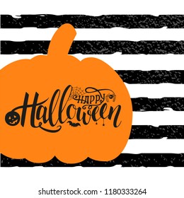 Vector illustration for Halloween. Happy Halloween Text Banner. Poster for Halloween on yellow background. Autumn poster with pumpkin, web, bat, spider.