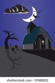 Vector illustration of a halloween haunted landscape, by night