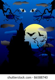 Vector Illustration of a Halloween Haunted Mansion with scary eyes.