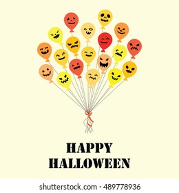 vector illustration for Halloween holiday with balloons with scary faces bunch and greeting text