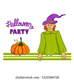 Vector illustration  for the Halloween holiday with elf in witch hat. Cartoon style. Isolated object on a white background. For poster, greeting card, postcard ,textiles, school projects, logo, icon.
