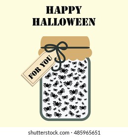 vector illustration for Halloween holiday gift with jar full of spiders and tag with For You text