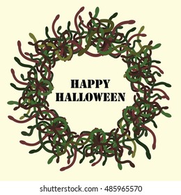 vector illustration for Halloween holiday with green snakes circle ftame and wishes inside