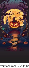 Vector illustration for Halloween holiday, huge ominous pumpkin on the background of full moon and castle. Invitation with place for text to party for advertising banner, poster, postcard.