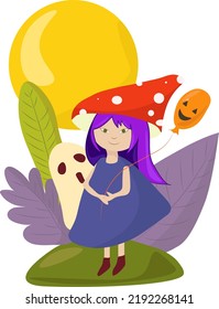 Vector illustration for the Halloween holiday. A magical girl with plant elements and a mushroom hat. It is well suited as a poster, postcard, design, sticker