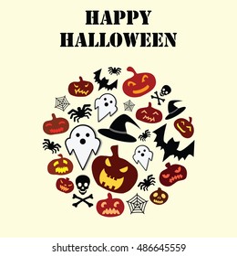vector illustration for Halloween holiday with pumpkins bats and skulls in circle shape and greeting text