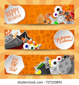 Vector illustration of Halloween horizontal banners with flat icons stickers on orange background