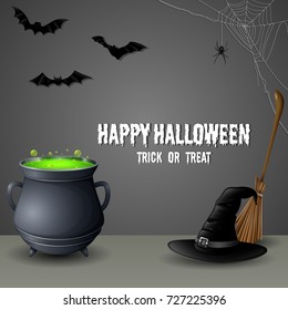 Vector illustration of Halloween icon set witch hat with cauldron and broomstick