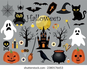 Vector illustration of Halloween icons: ghosts, cat, owl, bat, spider, raven, pumpkin, castle, moon, trees, hat, broom, magic wand, candles, sweets, cauldron, potion, skull, coffin.