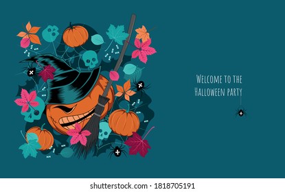 Vector illustration for halloween. Image of pumpkins, leaves, skulls, spiders, cobwebs, candies, leaves. Party invitation. Design elements for postcard, flyer, banner, background.