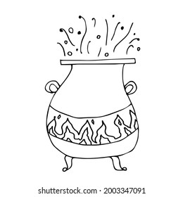 Vector illustration for Halloween. An image of a witch's cauldron. Black outline. Hand-drawn. Design of posters, postcards, holiday decor.
