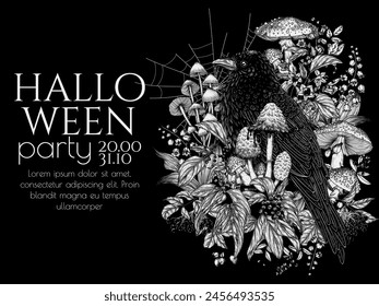 Vector illustration of halloween invitation with mystical raven surrounded by wild berries, flowers, mushrooms, cobwebs in engraving style