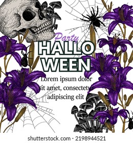 Vector illustration of halloween invitation template. Mystical purple lilies, skull, spiders, cobwebs, mushrooms svg