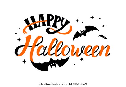 Vector illustration of halloween isolated on white background. Happy Halloween hand drawn text banner. Autumn poster for Halloween with bats.