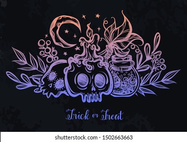 Vector illustration, Halloween, jar with insects, candle, skulls, mystic, witchcraft. handmade, background  chalkboard, prints