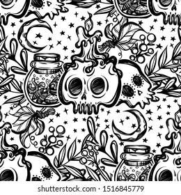 Vector illustration, Halloween, jar with insects, candle, skulls, mystic, witchcraft, background light, seamless pattern. handmade, prints