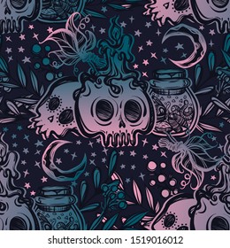 Vector illustration, Halloween, jar with insects, candle, skulls, mystic, witchcraft, background dark, seamless pattern. handmade, prints