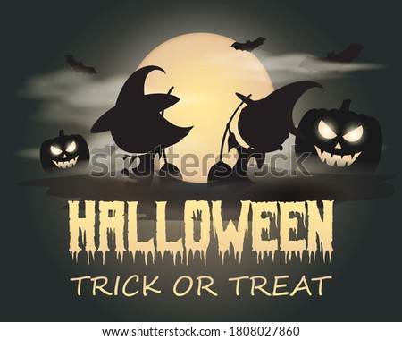 Vector illustration of halloween, jumping boy and girl with broom in witch clothes, scary pumpkin in front of fullmoon and clouds with bats, spooky halloween poster.