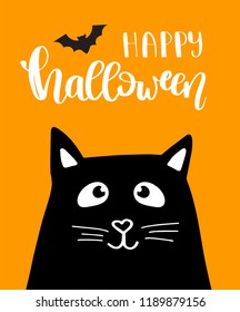 Vector illustration of Halloween kitten. Black cat holiday card