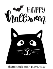 Vector illustration of Halloween kitten. Black cat holiday card