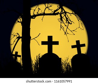 Vector illustration of a Halloween landscape with a dry tree with branches, gravestones with a cross in a cemetery and a shining yellow moon full moon in a dark blue sky