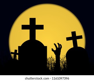 Vector illustration of a Halloween landscape with a zombie hand, gravestones with a cross in a cemetery and a shining yellow moon full moon in a dark blue sky