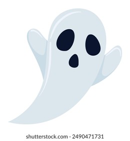 Vector illustration of a Halloween levitating ghostly ghost in flat vector style. Halloween party concept.Mystical designs for decoration, greeting card, poster, banner, logo. Creepy cartoon elements.
