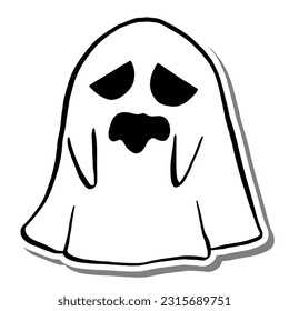 Vector illustration of Halloween Little Ghost Stick out Tongue. Cartoon line on white silhouette and Gray shadow.