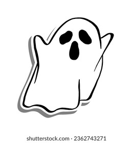 Vector illustration of Halloween Little Ghost Scary. Cartoon line on white silhouette and Gray shadow.