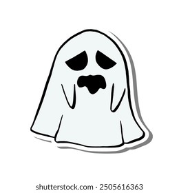 Vector illustration of Halloween Little Ghost Stick out Tongue. Cartoon Line with Color on white silhouette and Gray shadow.