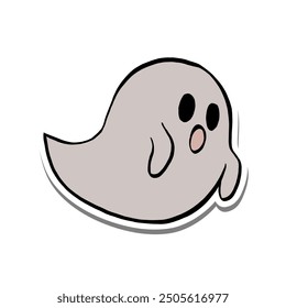 Vector illustration of Halloween Little Ghost Boo. Cartoon Line with Color on white silhouette and Gray shadow.