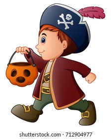 Vector illustration of Halloween little pirate with pumpkin basket