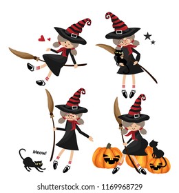 Vector illustration of Halloween little witches collection.