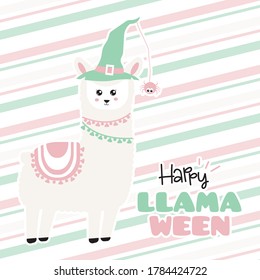 Vector illustration of a Halloween llama with details in pink and mint