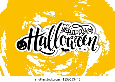 Vector illustration for Halloween. Halloween logotype. Handwritten lettering for card, poster, postcard, logo, sticker. Autumn vector poster with yellow background and calligraphy.