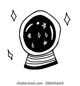 Ilustración vectorial para Halloween. La bola mágica de las predicciones. Borde negro. Obtenido a mano. Diseño para impresiones, empaques, carteles, postales, decoración de vacaciones, tatuajes.