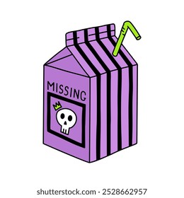 Ilustração vetorial do leite de Halloween em embalagem roxa. Caixa de leite com crânio e listras pretas com palha de plástico verde. Y2K violeta assustadora mão desenhada clipart