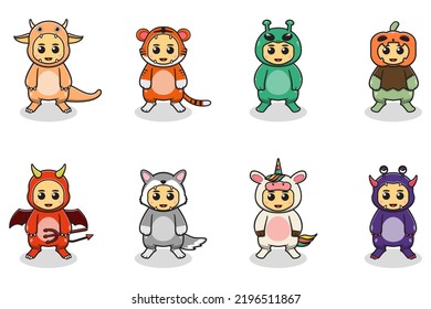 Vector illustration of Halloween monster costume. Set of cartoon isolated vector halloween costume characters. Illustrations with cute kids in Halloween monsters costumes.