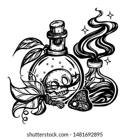 Vector illustration, Halloween, mystic, witchcraft, bottles of potion, dried leaves. handmade, prints, tattoo