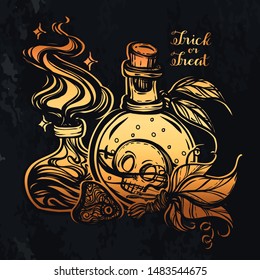 Vector illustration, Halloween, mystic, witchcraft, bottles of potion, dried leaves. handmade, prints, tattoo, background  chalkboard