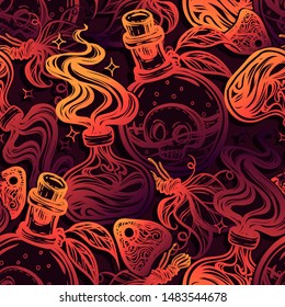 Vector illustration, Halloween, mystic, witchcraft, bottles of potion, dried leaves. handmade, prints, background dark, seamless pattern