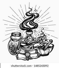 Vector illustration, Halloween, mystic, witchcraft, bottles of potion. handmade, prints, tattoo