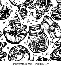 Vector illustration, Halloween, mystic, witchcraft, bottles of potion. handmade, prints, background white, seamless pattern